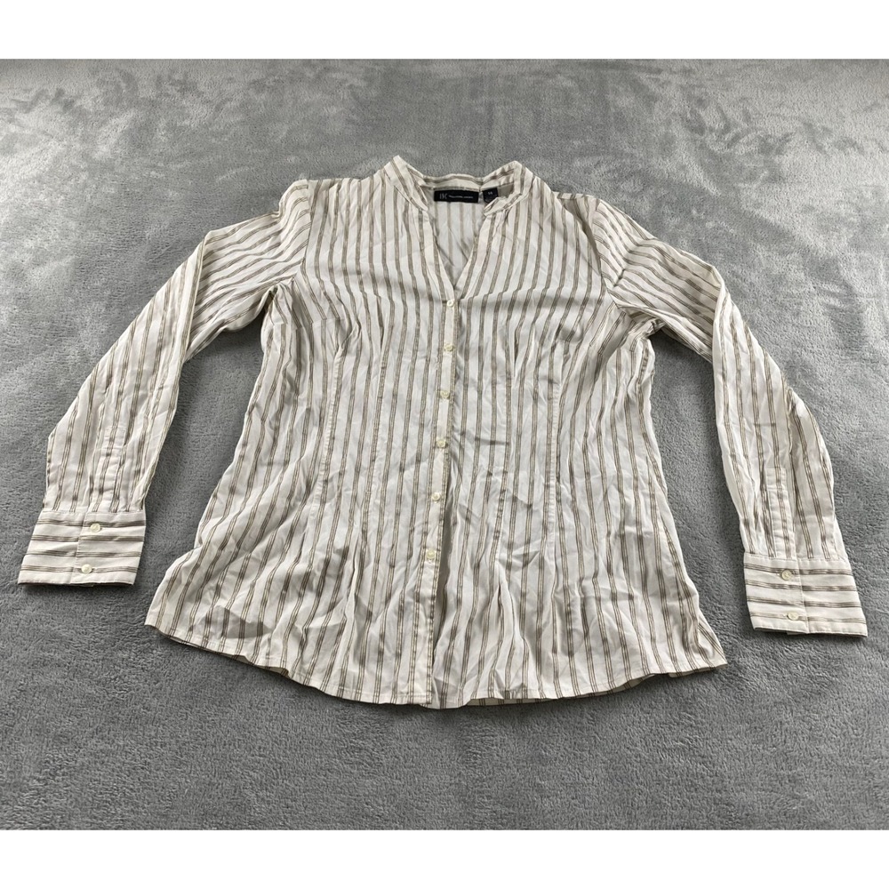 INC International Concepts Womens 14 Striped Button Down V-Neck Blouse White Tan